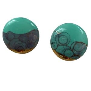 Vintage Gold Gilt Porcelain Round Pierced Earrings Woman’s Jewelry Aqua Blue-GRN